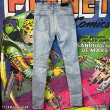 Load image into Gallery viewer, Amiri Light Blue Leopard Print Thrasher Jeans Size 30