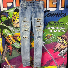 Load image into Gallery viewer, Amiri Light Blue Leopard Print Thrasher Jeans Size 30