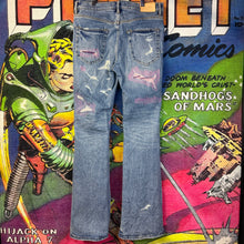 Load image into Gallery viewer, Purple Brand Mid Indigo Full Repair Flare Denim Size 32
