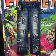 Load image into Gallery viewer, Who Decides War Scripture Jeans Size 34”
