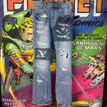 Load image into Gallery viewer, Purple Brand Mid Indigo Full Repair Flare Denim Size 32
