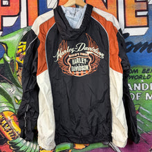 Load image into Gallery viewer, Harley-Davidson Black Orange Hooded Windbreaker Jacket Size XL
